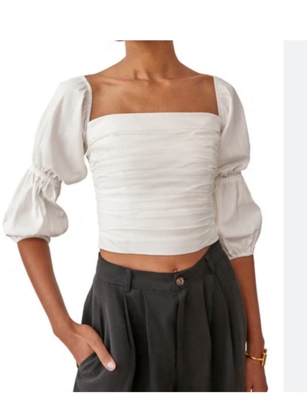 Reformation  Calder White Square-Neck Puff Sleeve Crop Top